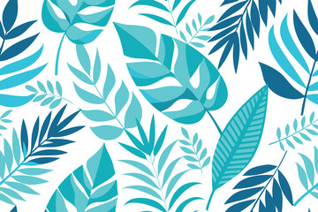 Turquoise Leaf Pattern on White, Seamless Tropical Foliage in Bold, Botanical Design