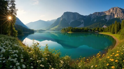 Naklejka premium Lac d'Annecy in France on a mild summer morning, captured in a panoramic shot at dawn.