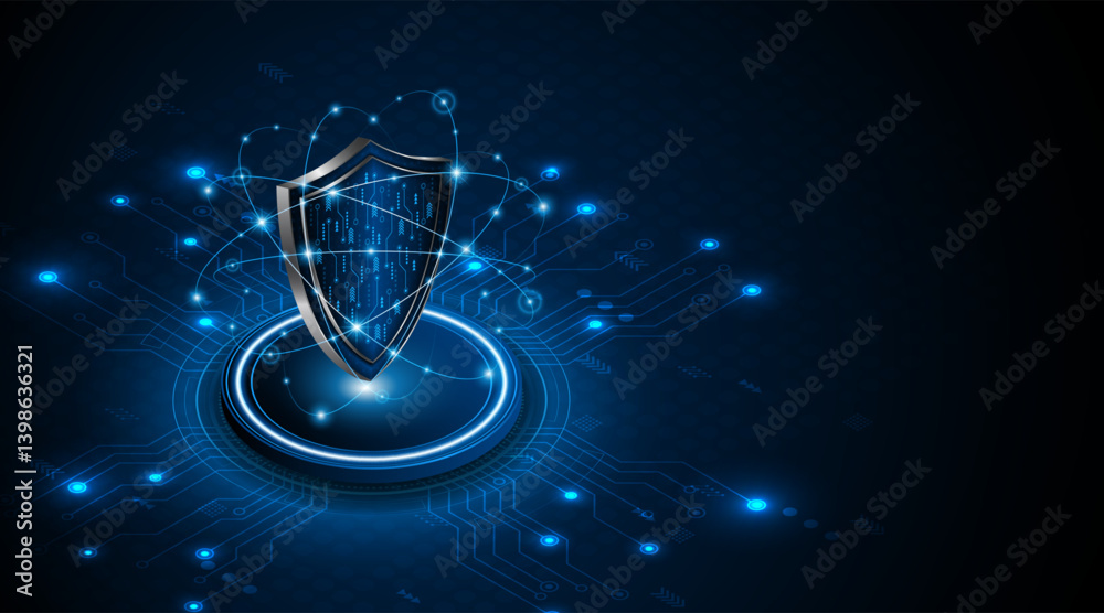 Poster Abstract technology circuit board background with shield symbols concept of data protection and cyber privacy. modern security technology innovation concept background	