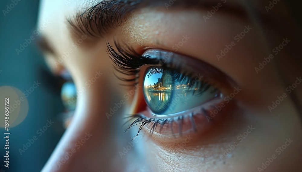 Aufkleber close-up of woman eye with digital reflection of cityscape. eye symbolizes vision tech cyberspace an
