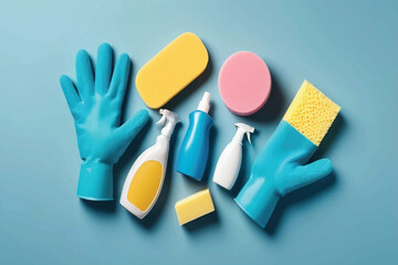 Embrace cleanliness with household items. Top view of cleaning supplies&mdash;gloves, sponges, spray&mdash;on a muted blue background. Perfect for text or promotion
