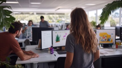 In a lively workspace, designers and writers engage in collaborative efforts, surrounded by sketches on whiteboards and focused discussions at desks
