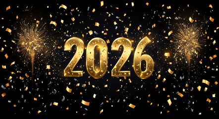 Welcome 2026 with a festive design featuring fireworks and confetti