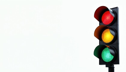 Traffic light with red yellow green lights. Stop wait go concepts. Road safety, urban transportation, driving regulations. Isolated white background with copy space for text, business, website design.