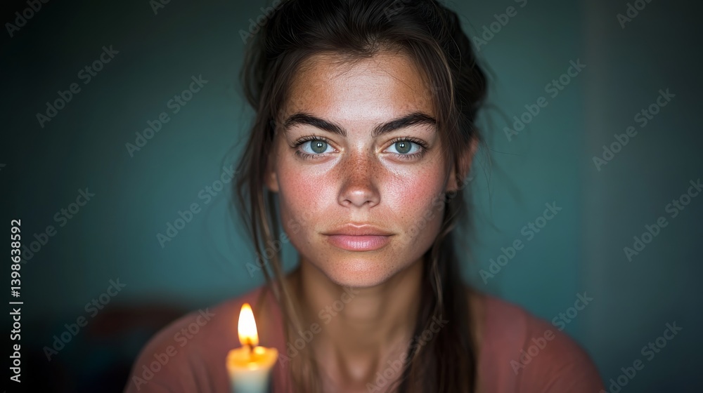 Poster a young woman gazes intently at a flickering candle flame, her serene expression and the soft glow c