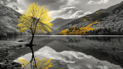 Lone grayscale tree standing in a lake its reflection capturing the warm golden hues of sunset in selective color