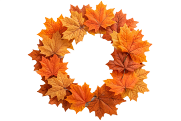 Autumn foliage wreath image for seasonal greetings and thanksgiving day cards use on transparent background
