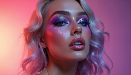 Fototapeta premium Glamorous model with vibrant make-up. Blonde hairstyle, rich lips. Artificial Intelligence generated art. Portrait of a young woman with fantasy make-up. Fashion, beauty, artistic concept.