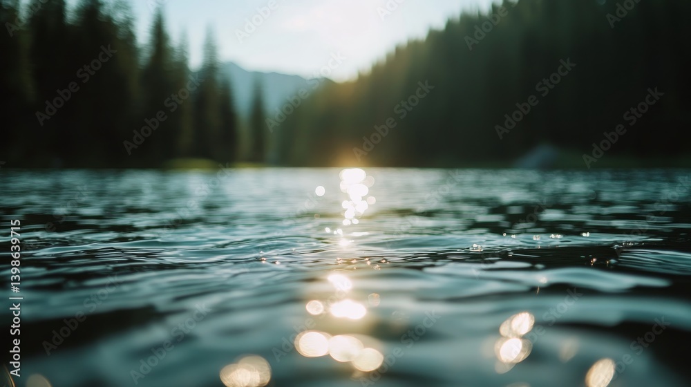 Aufkleber Sunlight reflects off the tranquil lake, casting shimmering patterns as a blurred forest looms in the background, capturing the essence of a peaceful nature setting