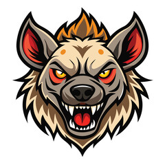 Cartoon Hyena Head Mascot with Orange Eyes, Sharp Teeth, Fierce Expression on White