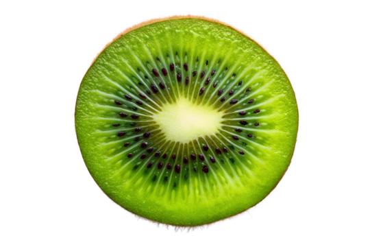 Isolated vibrant kiwi fruit slice close up for healthy eating and food concepts use on transparent background