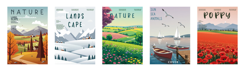 Nature and landscape poster. Mountains, trees, plants, flowers, fields. Suitable for prints, covers or card designs. Vector illustration. © Hakan Kaçar