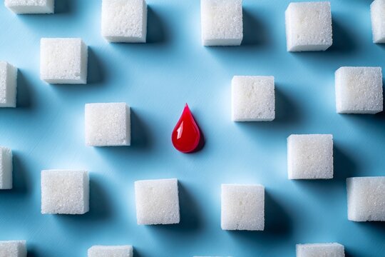 Artistic flat lay of sugar cubes with a red drop on blue background for health campaign awareness