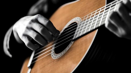 Artistic black and white photograph capturing a musician's hand elegantly positioned on a string instrument, likely a violin or cello. The image focuses on the graceful finger placement and natural te