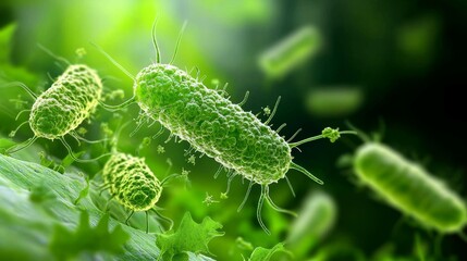 Naklejka premium Microscopic View of Capsule-Shaped Microorganisms in Vibrant Green Hues Detailed Close-Up with Textured Surface and Blurry Background Suggesting Growth, Life and Scientific Study