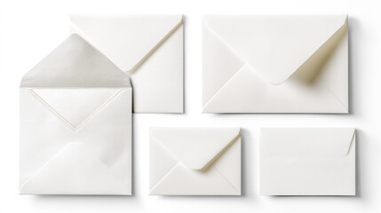 Set of white paper envelopes isolated on white background - blank mailing stationery, office supplies, correspondence materials.