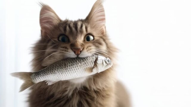 Curious Cat Holding Fish as Playful Prey