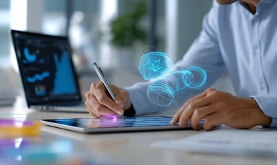 Person using digital tablet, holographic image