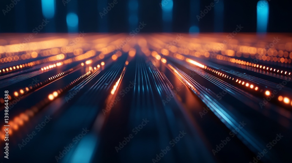 Fototapete Intricate motherboard design highlighted by glowing circuits and microchips creates a captivating depth and complexity accentuated by cool blue lighting