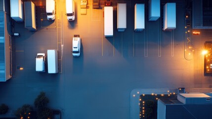 Delivery trucks and trailers logistics aerial view night transportation