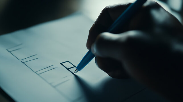 Hand filling out a check-box on a document. The image shows part of the list of boxes, with one box in focus. Blue pen, white paper in a dark room.