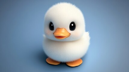 A cute, fluffy chick with big eyes and an orange beak stands against a soft blue background, This charming image can be used for children's products, greeting cards, or spring-themed designs,