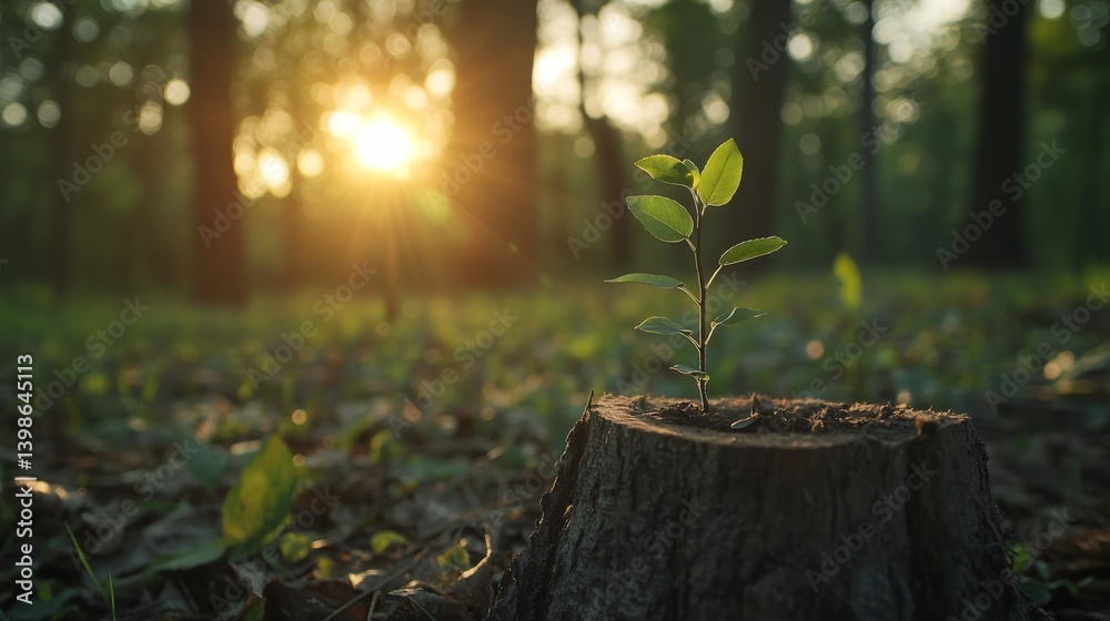 Aufkleber fresh green leaves sprout from a weathered tree stump in a forest clearing as sunlight filters throu