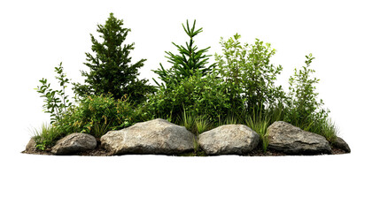 Naklejka premium PNG of Lush greenery featuring various plants and stones in a natural setting, perfect for outdoor scenes.