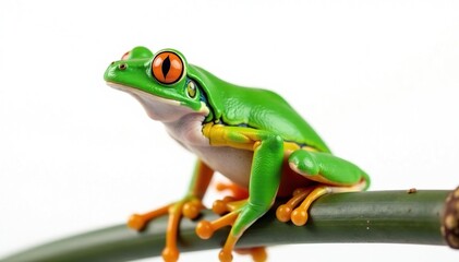 Obraz premium Green tree frog perched on white, vibrant colors, single, background
