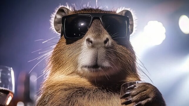 A stylish capybara wearing sunglasses holds a drink, exuding a cool, vibrant atmosphere, Ideal for fun social media posts, marketing campaigns, and designs related to leisure, celebration