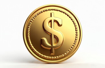 Shiny gold coin with dollar sign isolated white background. Finance, business, wealth concepts. Currency symbol, US dollar, money concept. Investment, banking, saving.