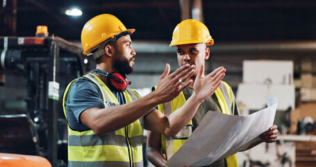 Men, carpenter and blueprint at warehouse, discussion and review material order for construction...