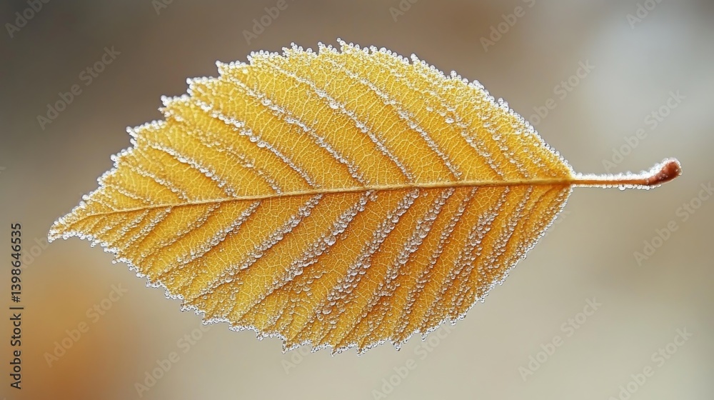 Poster close-up of a yellow leaf adorned with dew drops, highlighting its delicate veins and texture in a s