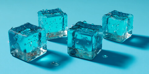 Four wet, turquoise ice cubes on a blue background, showcasing freshness and coolness, ideal for drink or summer concepts