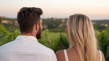 Romantic couple enjoying vineyard vista