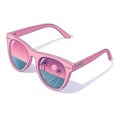 Pink Sunglasses Reflecting Tropical Sunset Summer Vacation Beach Retro Style