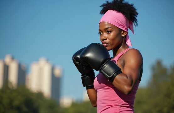 Afro American woman wearing pink headscarf and boxing gloves in urban park, ready to fight. Conceptual image about breast cancer awareness and healthy lifestyle. Strong, active female. - Powered by Adobe