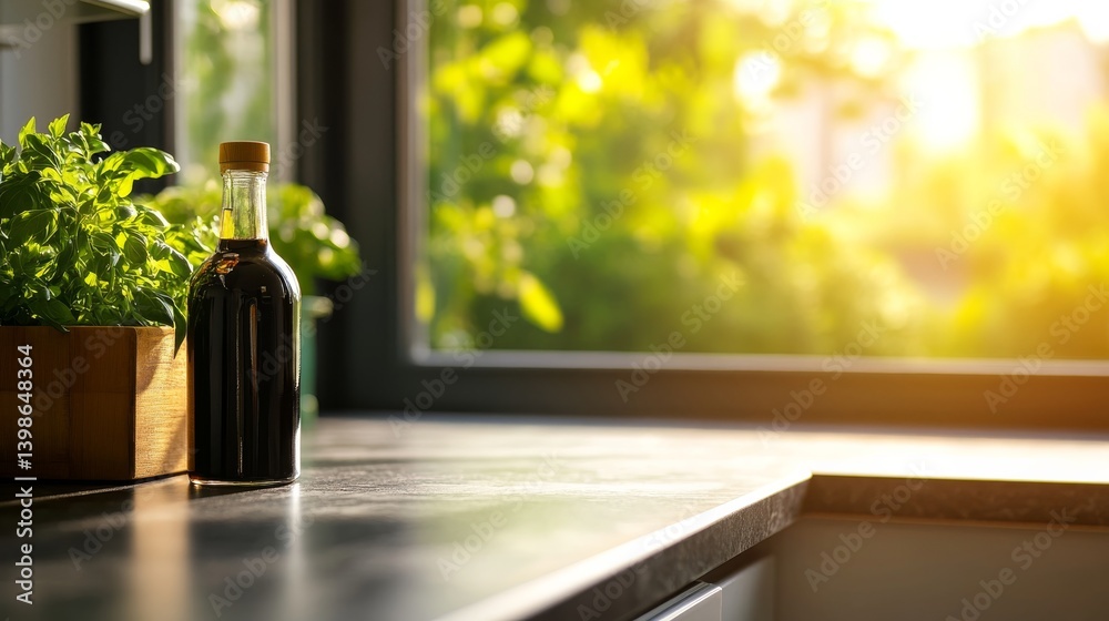 Poster glass bottle filled with balsamic vinegar sits on a marble countertop, surrounded by fresh herbs and