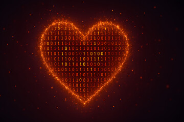 Digital Glowing Heart Made of Binary Code for Futuristic Love and Technology Concept