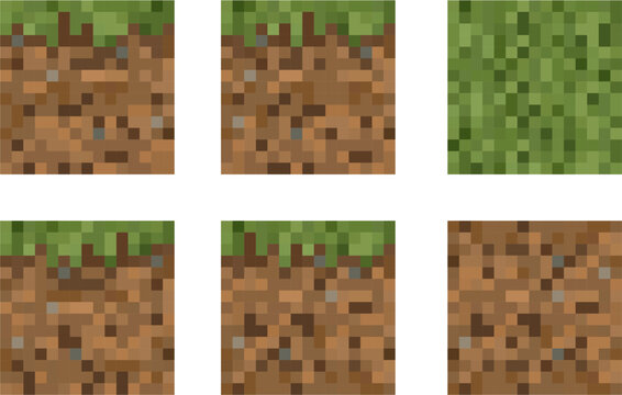 Seamless pixelated surface showing grassy terrain with earthy texture beneath. Retro block design for game environments and creative builds.