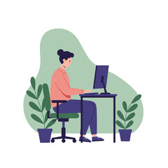 Woman working on computer in a cozy office with plants  