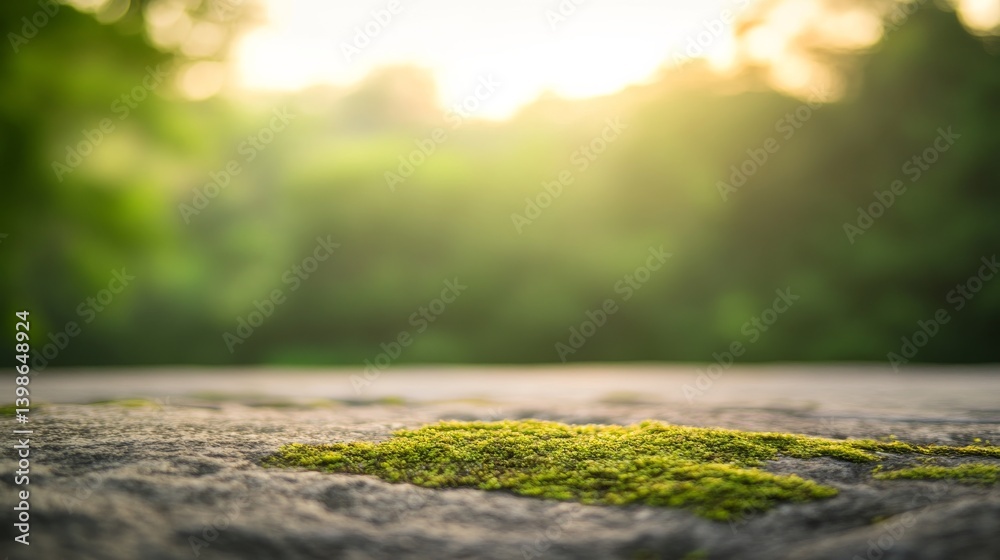 Poster close-up view of a rugged stone surface showcasing moss and cracks, beautifully illuminated by soft,