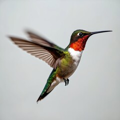 Fototapeta premium Ruby-throated hummingbird Archilochus colubris. Adult male bird in flight. Colorful feathers, red throat, green back. Wildlife nature photo with detailed wings, beak, eye. Isolated white background,
