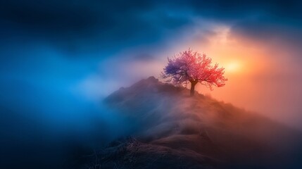 Mist covered hill with a single pink cherry blossom tree in selective color glowing under golden hour light as petals fall gently