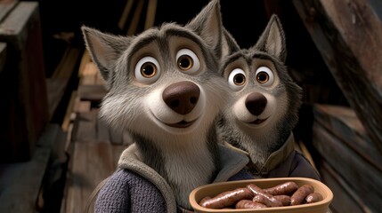 Two animated wolves smile while holding a bowl of sausages, showcasing a delightful and inviting scene, This image can be used for food marketing, children's content, or cartoon-themed projects,
