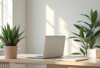 elegant minimalist desktop closed laptop vibrant green plant accessory modern workspace aesthetic organization, office, interior, design, wood, table, tech