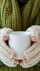 Hands in warm knitted gloves hold a mug with a hot drink. Winter time. Mockup. Copyspace. White cup. AI-generated.