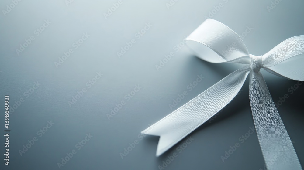 Poster soft lighting highlights the texture and folds of a delicate white ribbon tied into a bow, elegantly