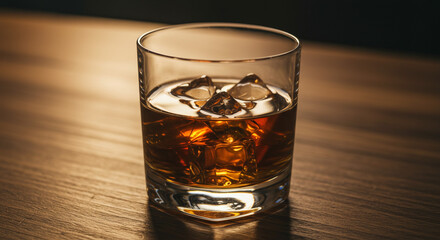 A glass of amber whiskey rests on a dark wood table, the ice cubes melting slowly, promising a moment of quiet contemplation and warmth.