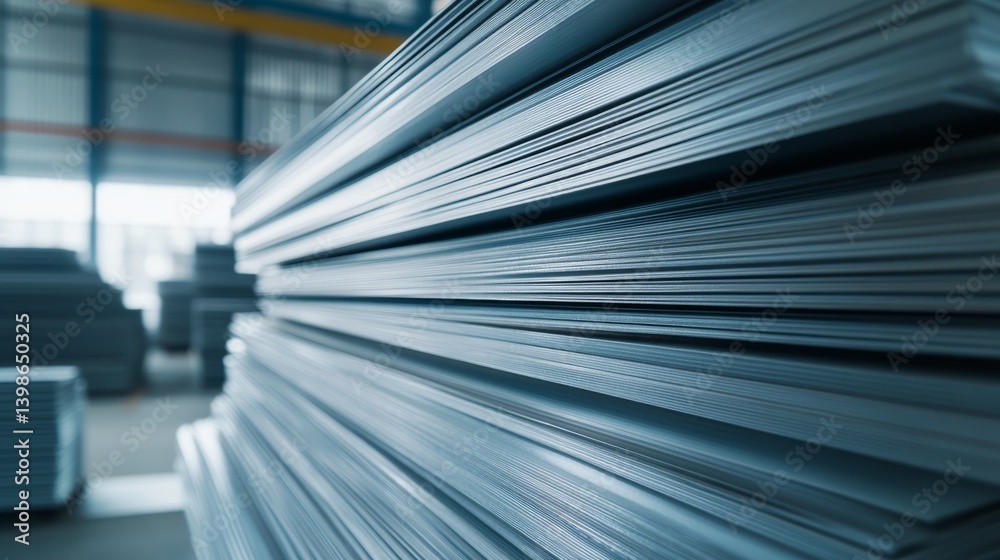 Poster metal panels are stacked neatly in a warehouse, showcasing a minimalist design with horizontal lines